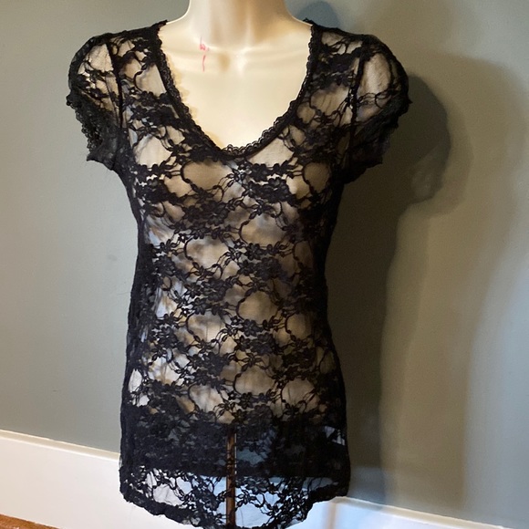 Medium Black Juniors Lace Short Sleeve Shirt - Picture 1 of 7